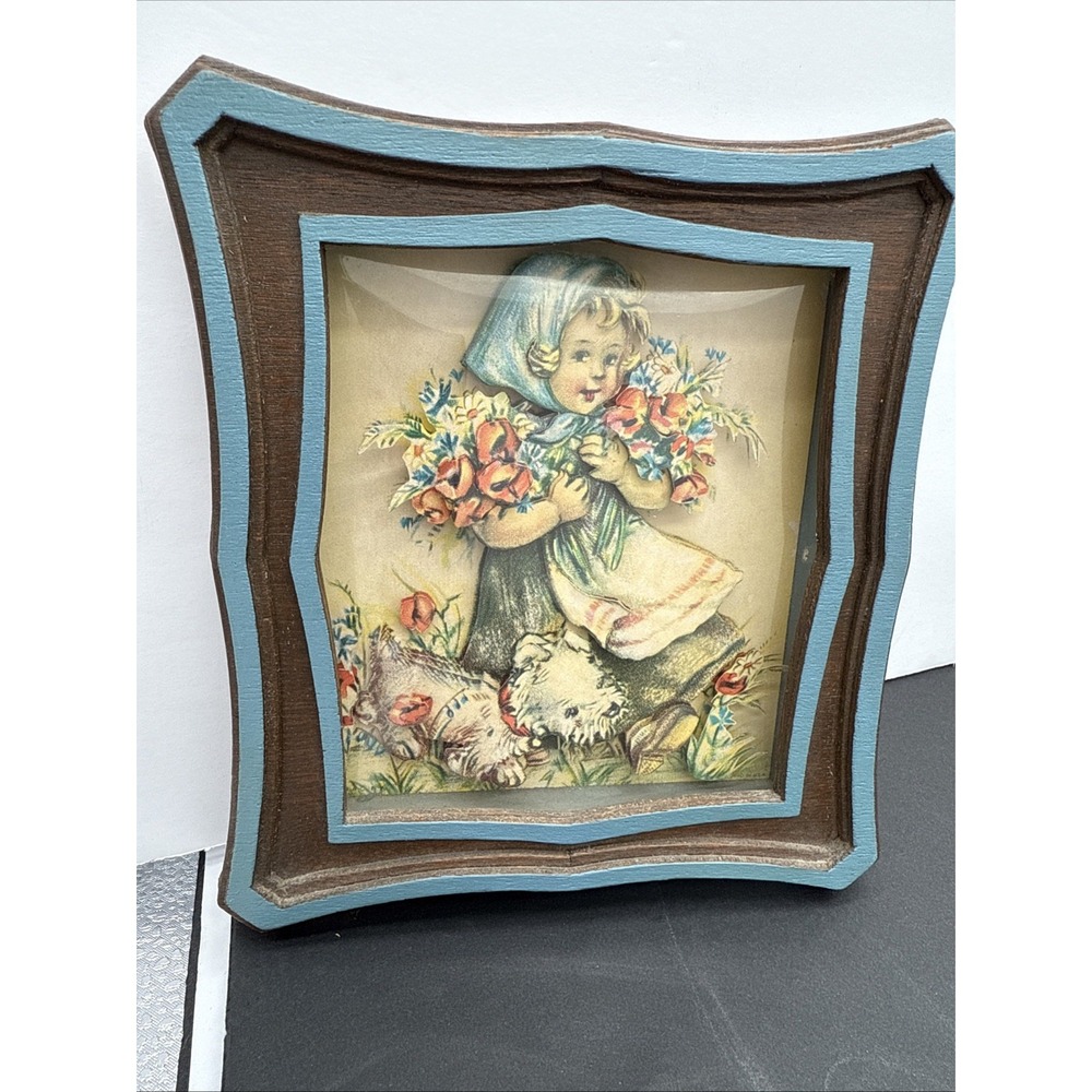 Vintage 3 Dimensional Handmade Wood Picture Art Cute Little Girl Flowers Dog